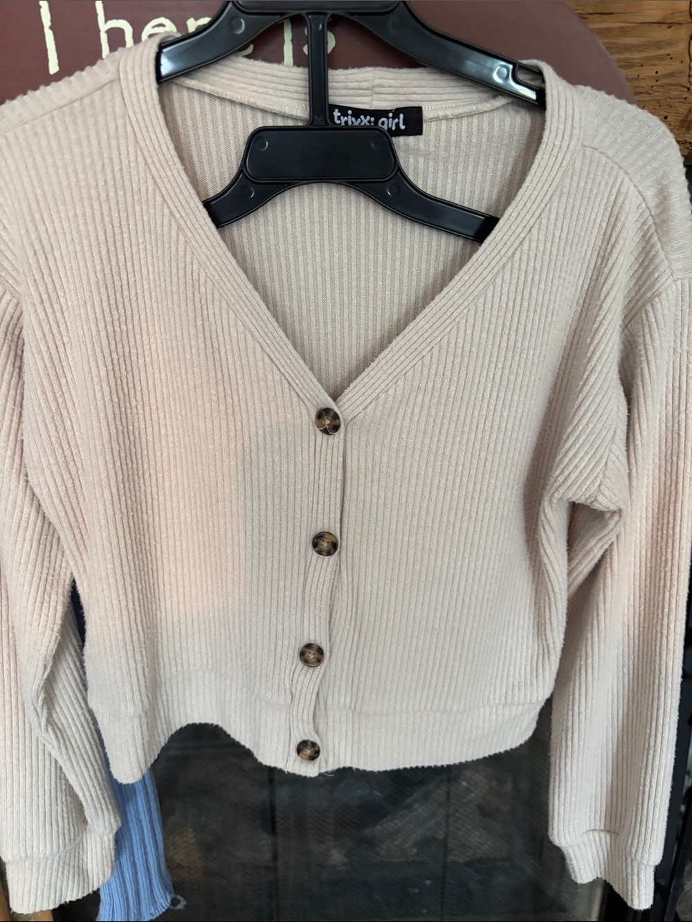 2 Ribbed V-Neck Button Cardigan - Light Blue & Beige - Picture 2 of 10